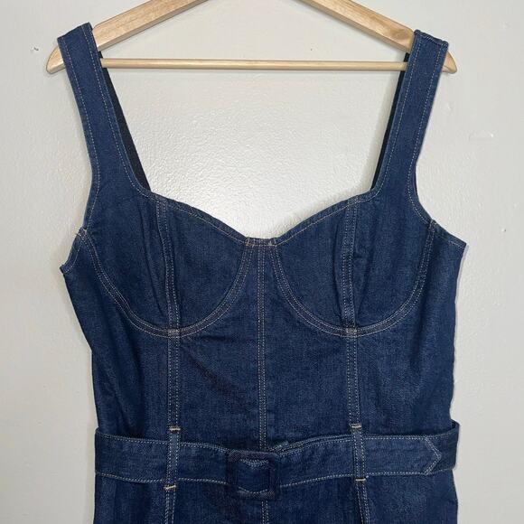 Reformation Joanne Belted Denim Mini Dress Blue Structured Corset Style Size 10 - Picture 3 of 8